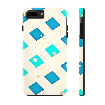 Modern Preppy Checkered Teal Stars Tough Phone Case | Aesthetic