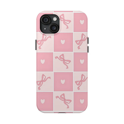 Girly Pink Bow and Heart Grid Pastel Tough Phone Case | Aesthetic