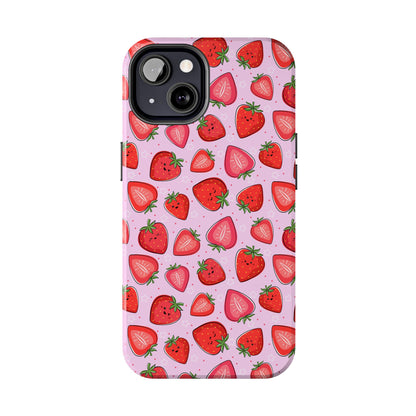 Kawaii Strawberry Cartoon Pattern Pink Aesthetic Tough Phone Case | Food