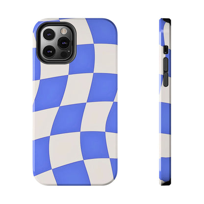Funda resistente para teléfono con estampado ondulado de cuadros azules | Estética