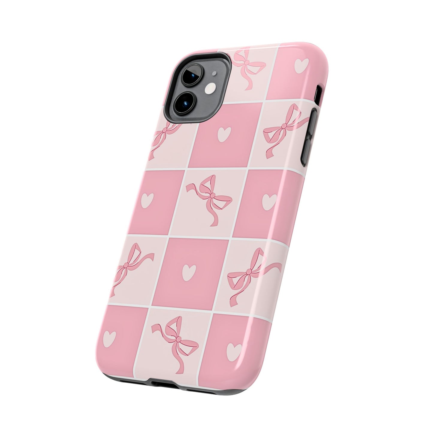 Girly Pink Bow and Heart Grid Pastel Tough Phone Case | Aesthetic