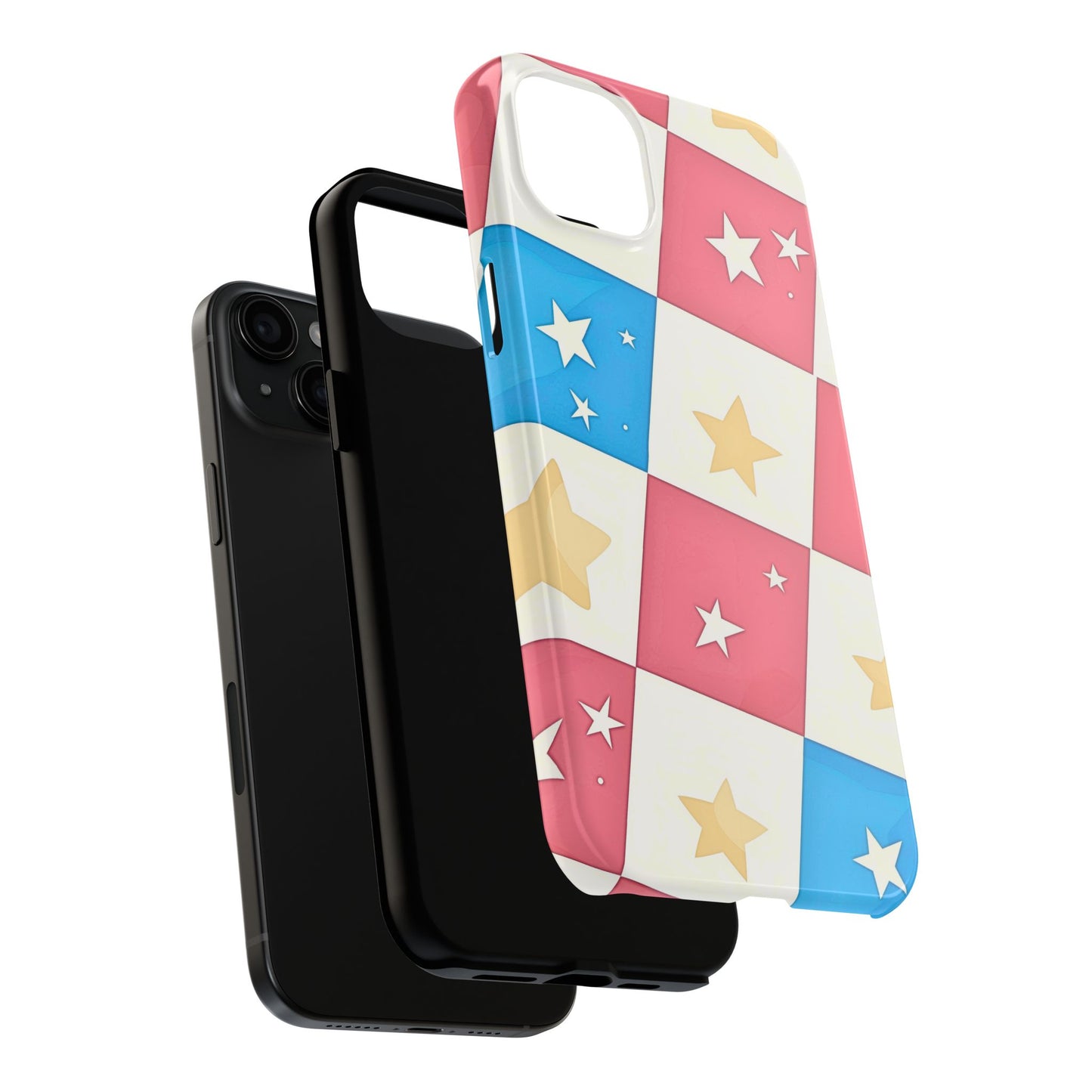 Preppy Checkered Pink & Blue Yellow Stars Tough Phone Case | Aesthetic