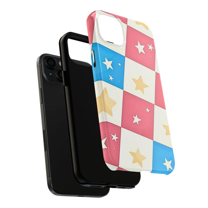 Preppy Checkered Pink & Blue Yellow Stars Tough Phone Case | Aesthetic