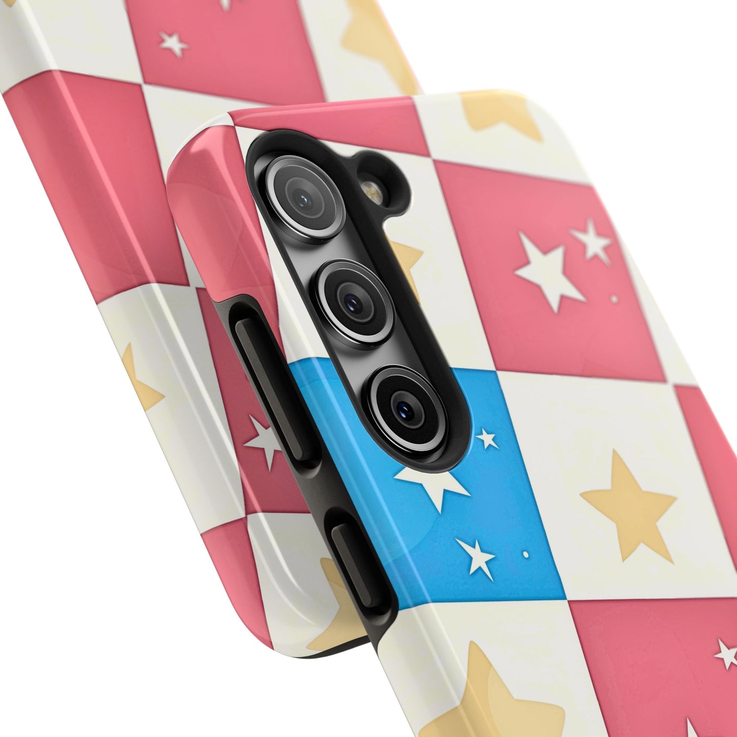 Preppy Checkered Pink & Blue Yellow Stars Tough Phone Case | Aesthetic