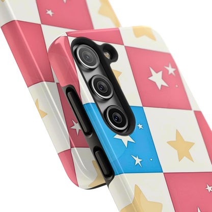 Preppy Checkered Pink & Blue Yellow Stars Tough Phone Case | Aesthetic