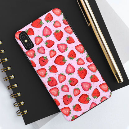 Kawaii Strawberry Cartoon Pattern Pink Aesthetic Tough Phone Case | Food