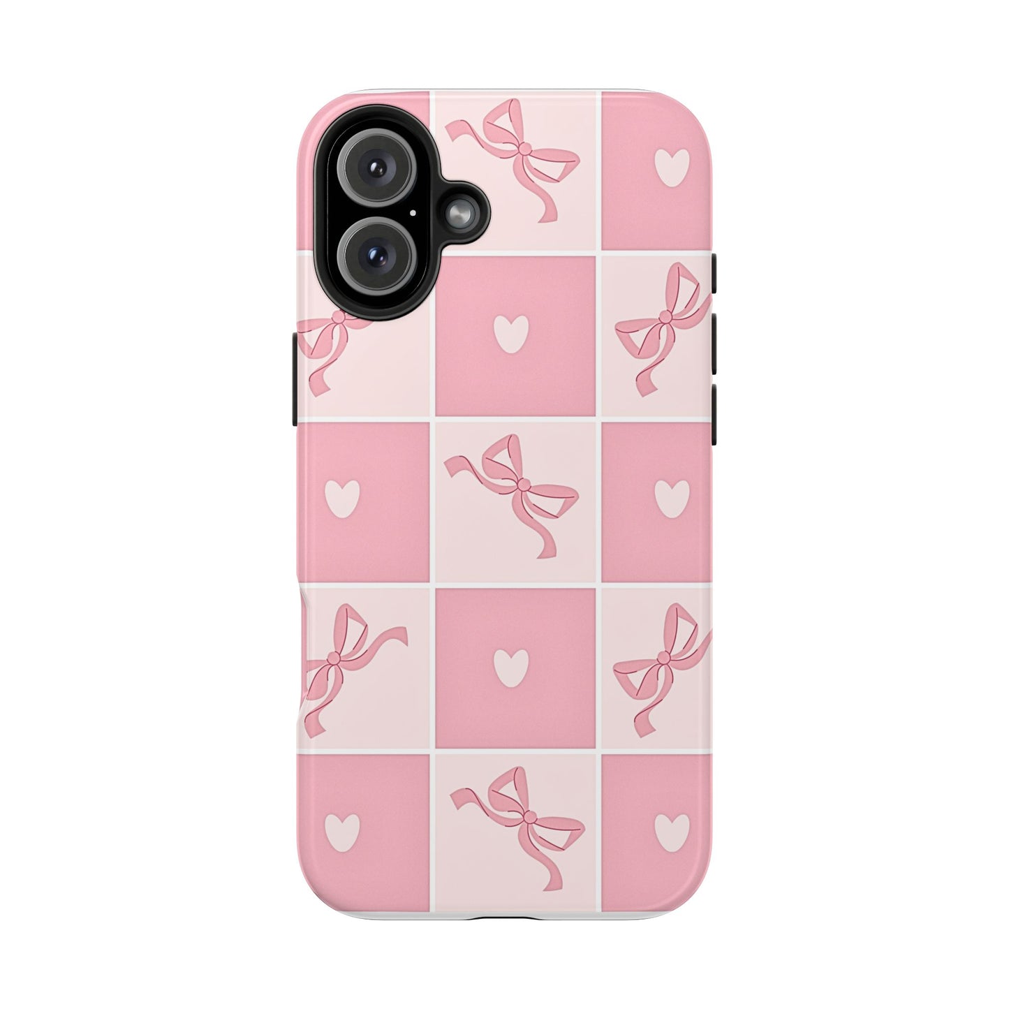 Girly Pink Bow and Heart Grid Pastel Tough Phone Case | Aesthetic