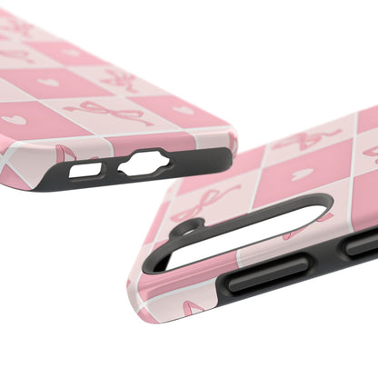 Girly Pink Bow and Heart Grid Pastel Tough Phone Case | Aesthetic