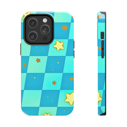 Vibrant Preppy Checkered Blue & Yellow Stars Tough Phone Case | Aesthetic
