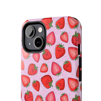 Kawaii Strawberry Cartoon Pattern Pink Aesthetic Tough Phone Case | Food