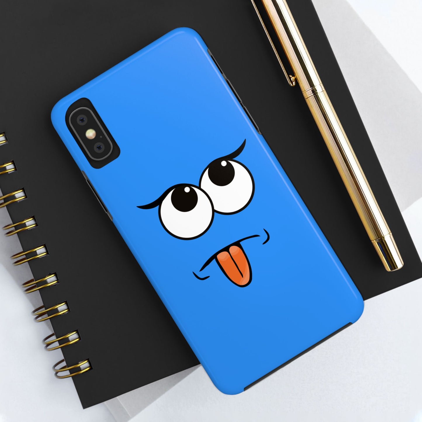 Silly Tongue Out Cartoon Face Blue Background Tough Phone Case | Funny