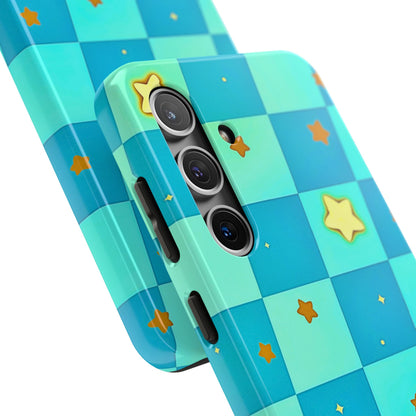 Vibrant Preppy Checkered Blue & Yellow Stars Tough Phone Case | Aesthetic