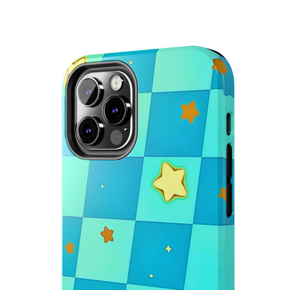 Vibrant Preppy Checkered Blue & Yellow Stars Tough Phone Case | Aesthetic