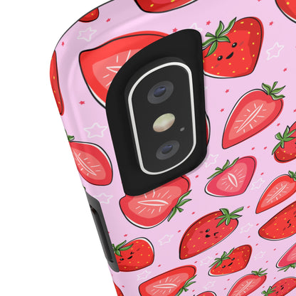 Kawaii Strawberry Cartoon Pattern Pink Aesthetic Tough Phone Case | Food