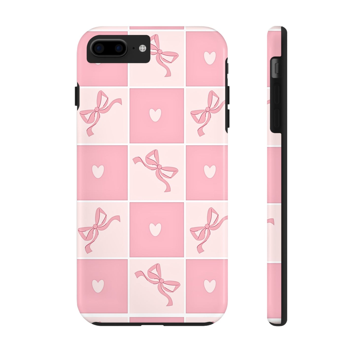 Girly Pink Bow and Heart Grid Pastel Tough Phone Case | Aesthetic