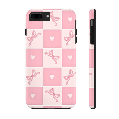 Girly Pink Bow and Heart Grid Pastel Tough Phone Case | Aesthetic