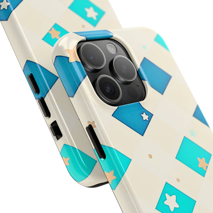 Modern Preppy Checkered Teal Stars Tough Phone Case | Aesthetic