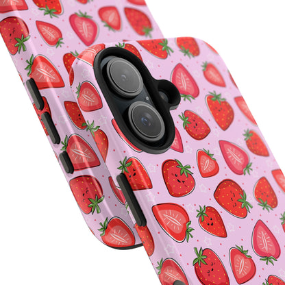 Kawaii Strawberry Cartoon Pattern Pink Aesthetic Tough Phone Case | Food
