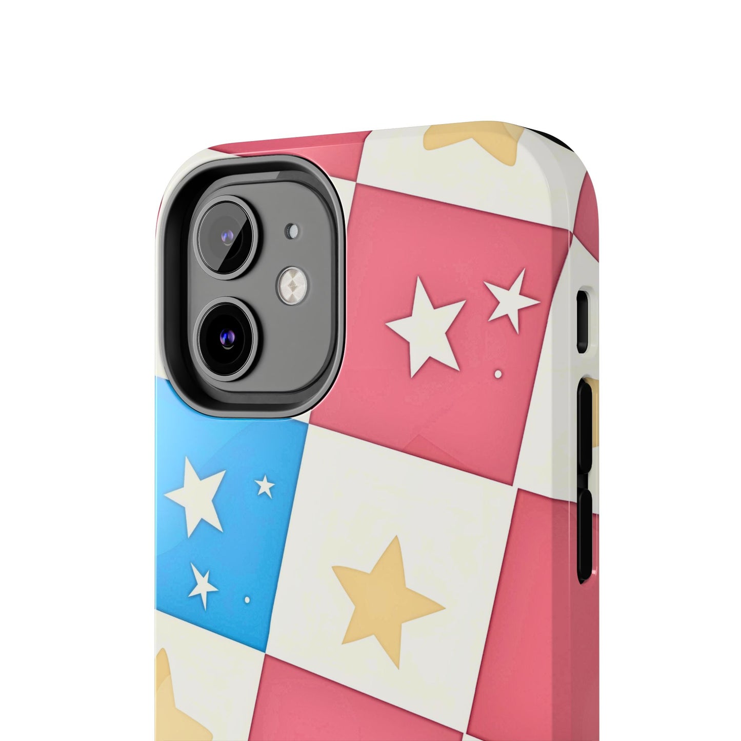 Preppy Checkered Pink & Blue Yellow Stars Tough Phone Case | Aesthetic
