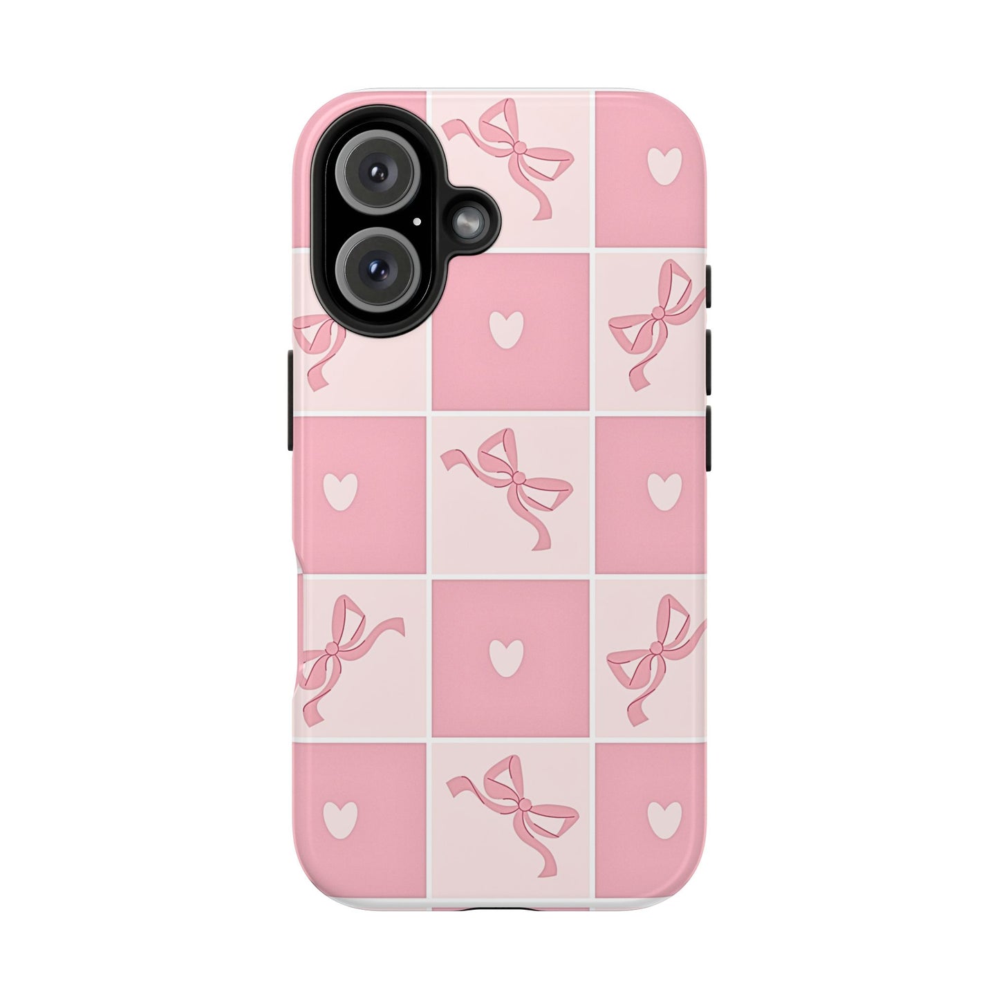 Girly Pink Bow and Heart Grid Pastel Tough Phone Case | Aesthetic