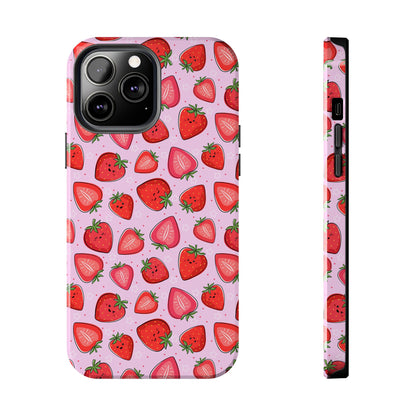 Kawaii Strawberry Cartoon Pattern Pink Aesthetic Tough Phone Case | Food