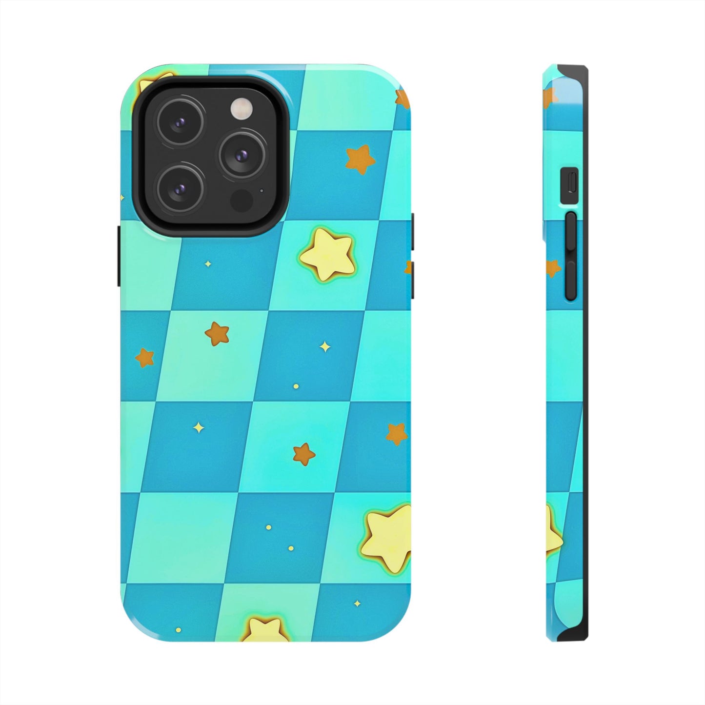Vibrant Preppy Checkered Blue & Yellow Stars Tough Phone Case | Aesthetic