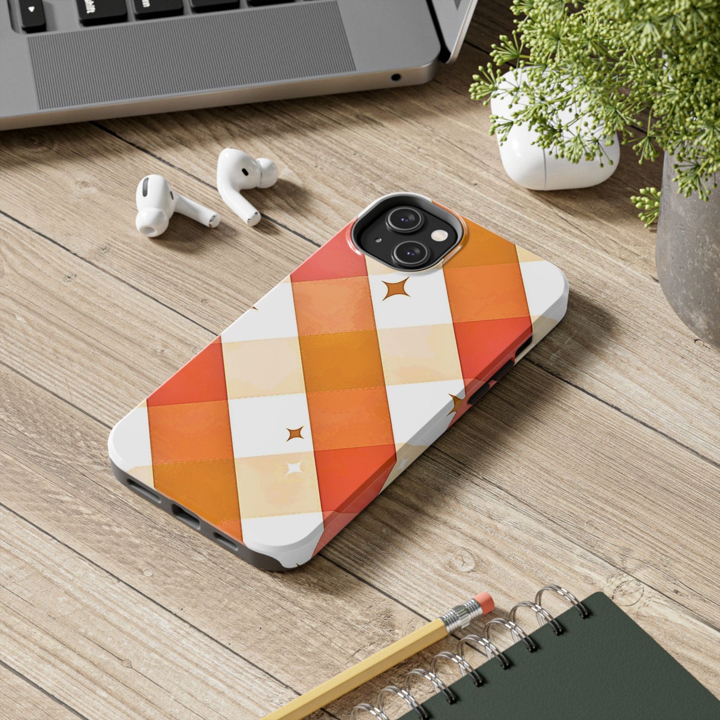 Pastel Orange & Pink Checkered Stars Tough Phone Case | Aesthetic