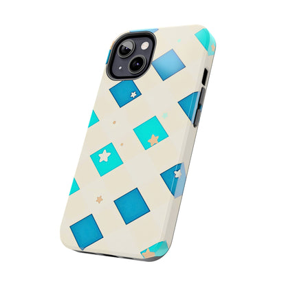 Modern Preppy Checkered Teal Stars Tough Phone Case | Aesthetic