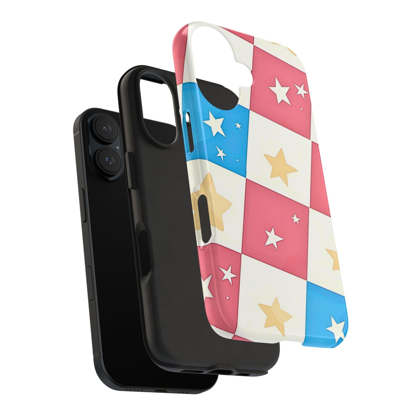 Preppy Checkered Pink & Blue Yellow Stars Tough Phone Case | Aesthetic