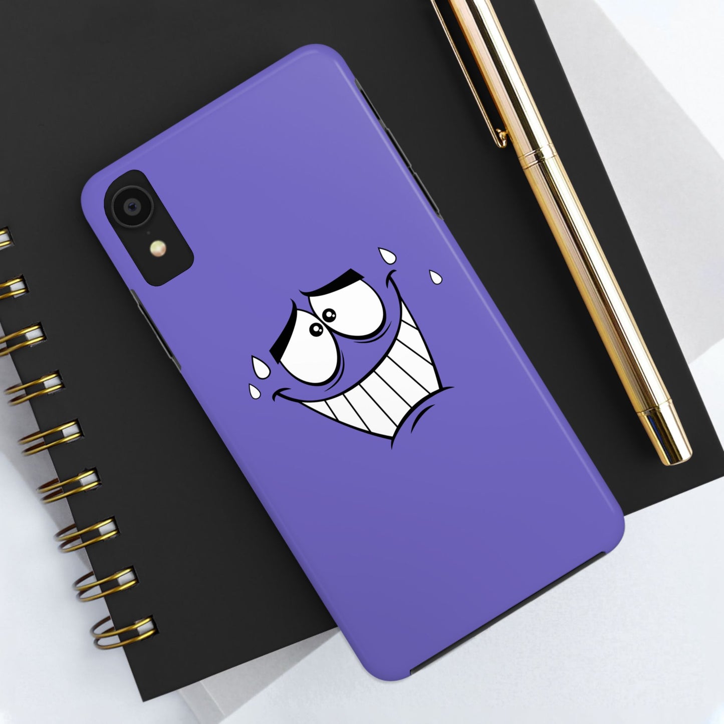 Awkward Nervous Cartoon Face Purple Background Tough Phone Case | Funny