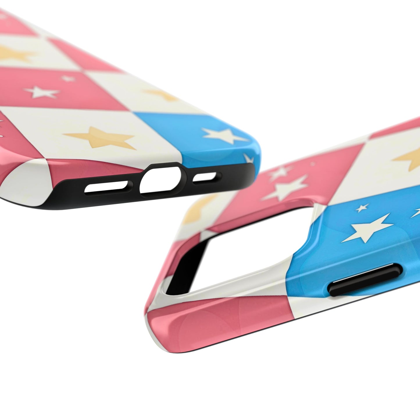Preppy Checkered Pink & Blue Yellow Stars Tough Phone Case | Aesthetic