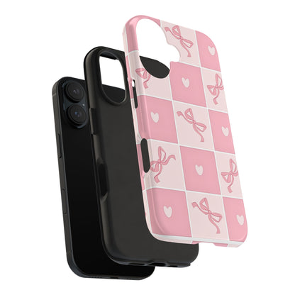 Girly Pink Bow and Heart Grid Pastel Tough Phone Case | Aesthetic