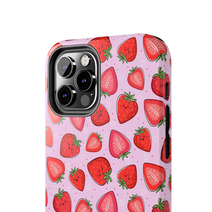 Kawaii Strawberry Cartoon Pattern Pink Aesthetic Tough Phone Case | Food