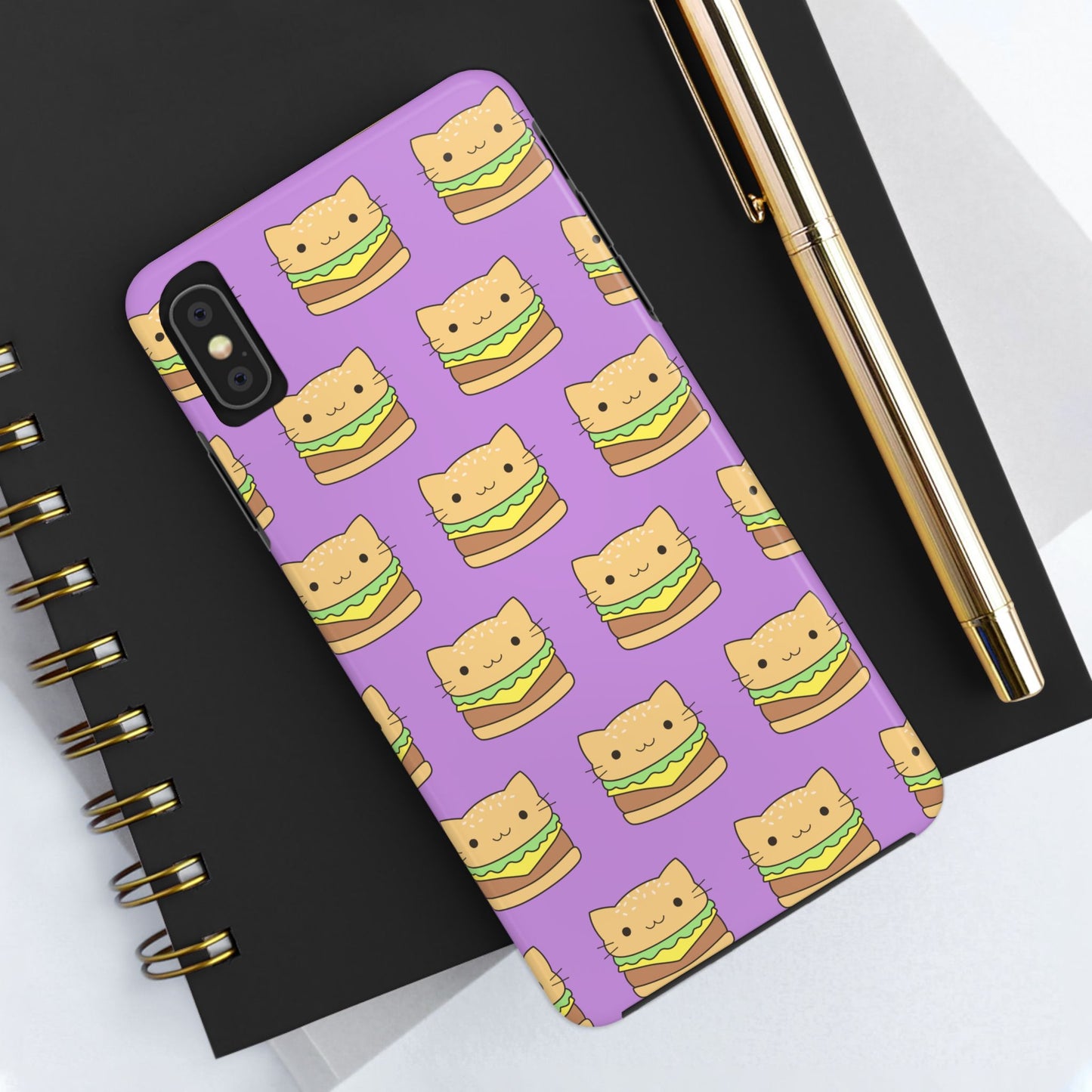 Kawaii Cat Burger Pattern Purple Background Cute Tough Phone Case | Food