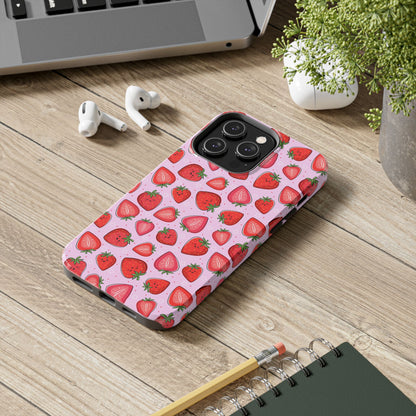 Kawaii Strawberry Cartoon Pattern Pink Aesthetic Tough Phone Case | Food