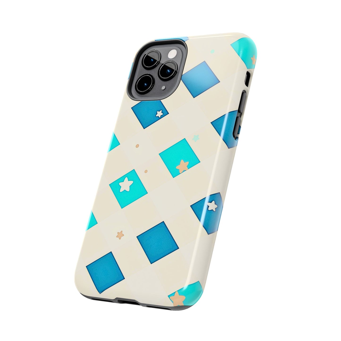 Modern Preppy Checkered Teal Stars Tough Phone Case | Aesthetic