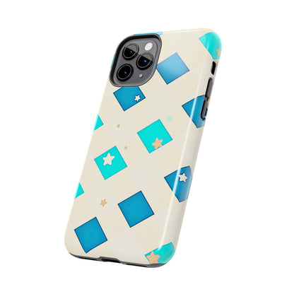 Modern Preppy Checkered Teal Stars Tough Phone Case | Aesthetic