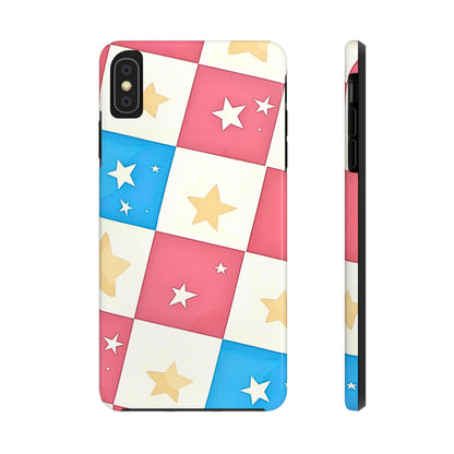 Preppy Checkered Pink & Blue Yellow Stars Tough Phone Case | Aesthetic