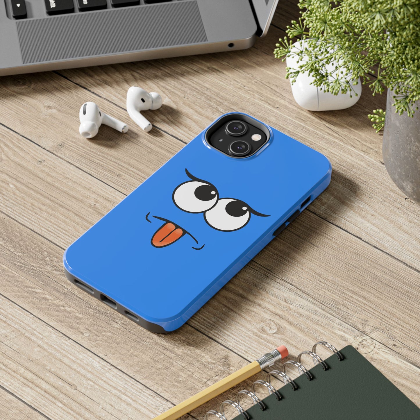 Silly Tongue Out Cartoon Face Blue Background Tough Phone Case | Funny