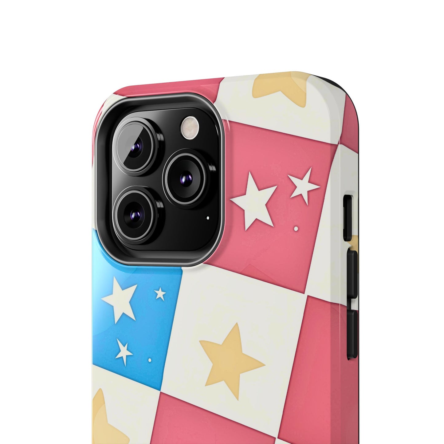 Preppy Checkered Pink & Blue Yellow Stars Tough Phone Case | Aesthetic