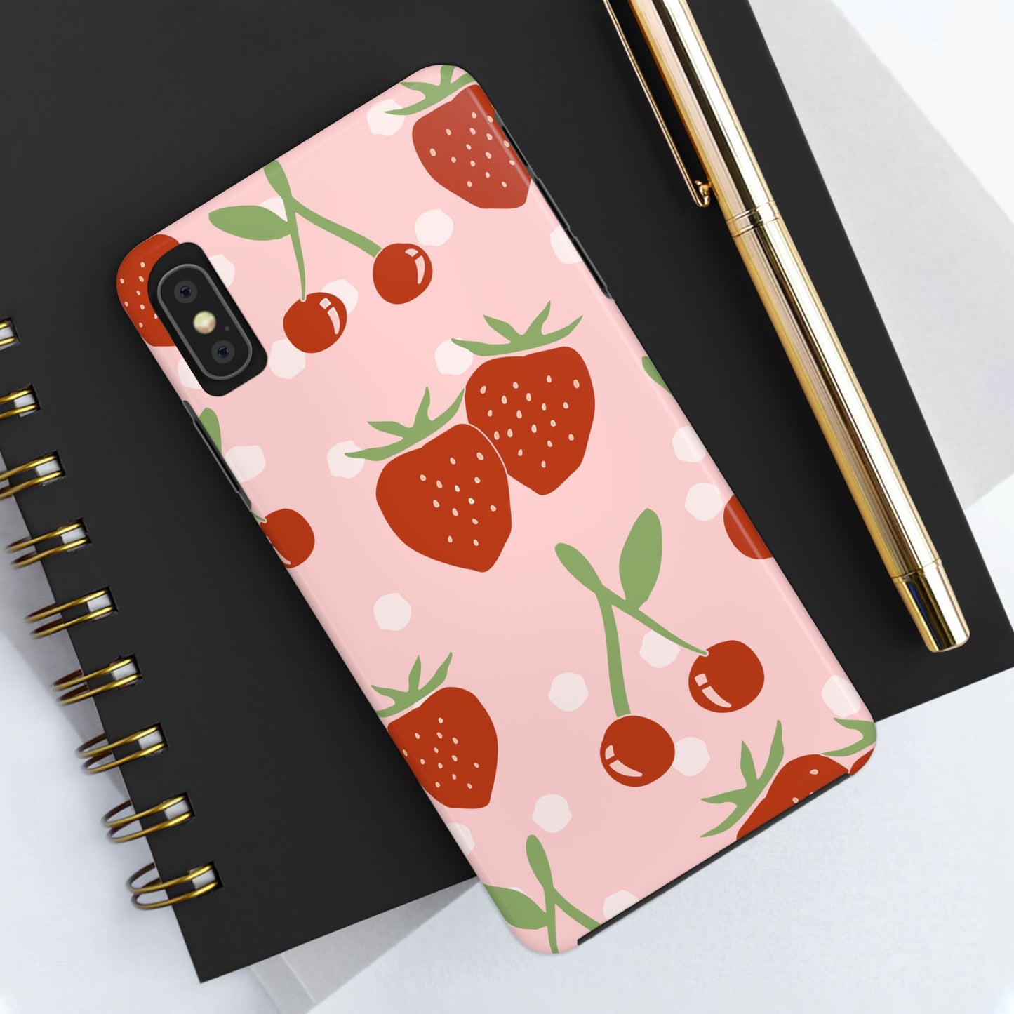 Cute Pink and Red Cherry and Strawberry Tough Phone Case | Food