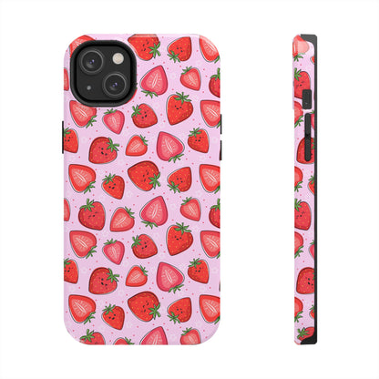 Kawaii Strawberry Cartoon Pattern Pink Aesthetic Tough Phone Case | Food