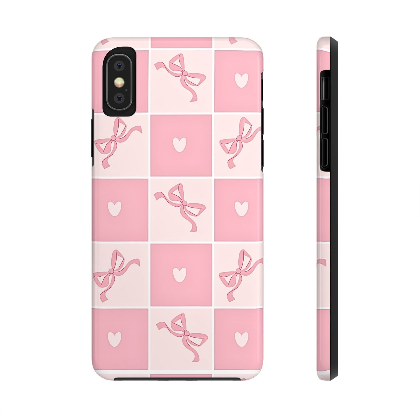 Girly Pink Bow and Heart Grid Pastel Tough Phone Case | Aesthetic