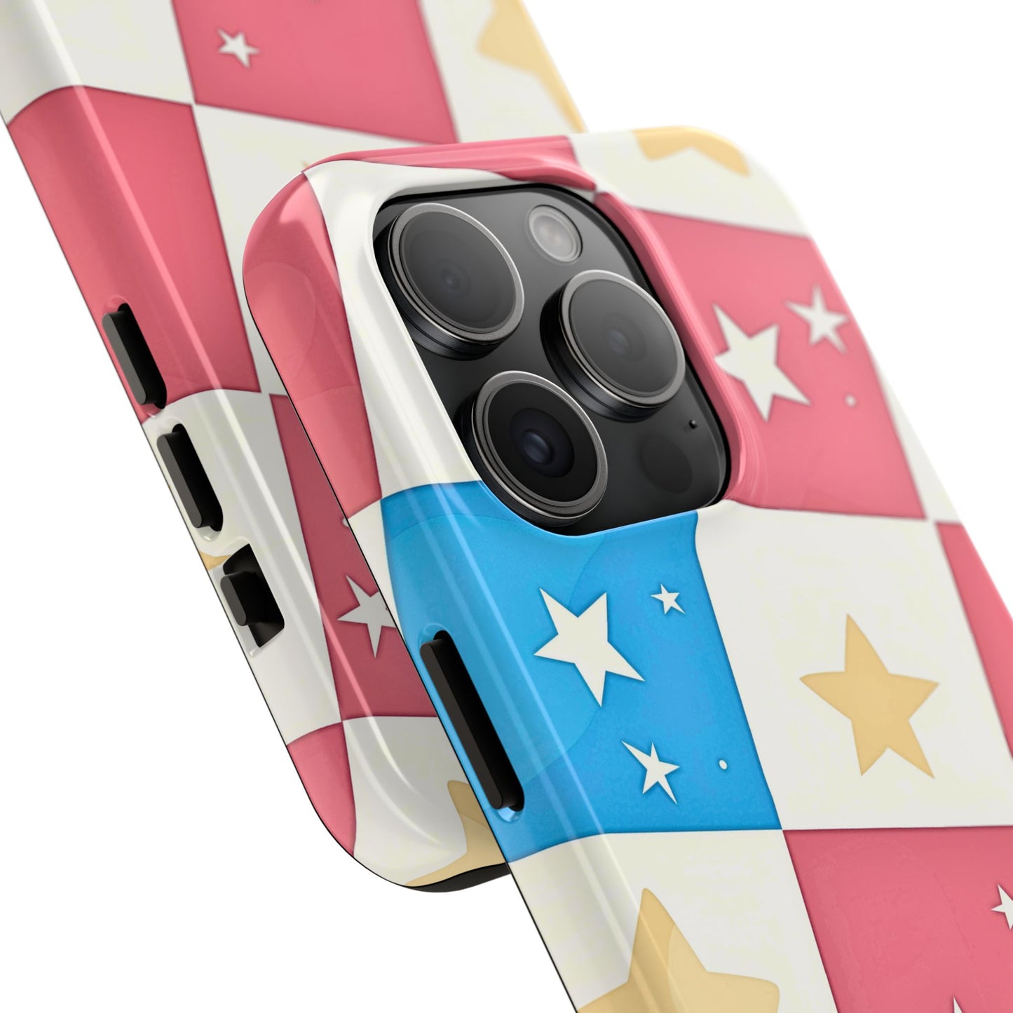 Preppy Checkered Pink & Blue Yellow Stars Tough Phone Case | Aesthetic