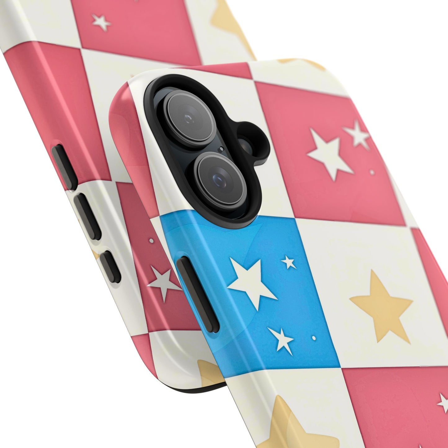 Preppy Checkered Pink & Blue Yellow Stars Tough Phone Case | Aesthetic