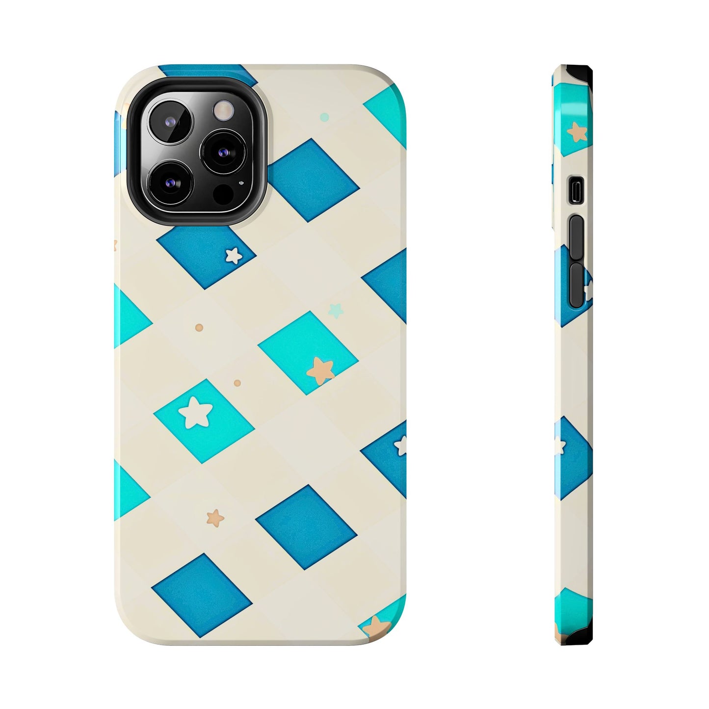 Modern Preppy Checkered Teal Stars Tough Phone Case | Aesthetic