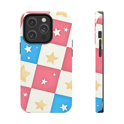Preppy Checkered Pink & Blue Yellow Stars Tough Phone Case | Aesthetic