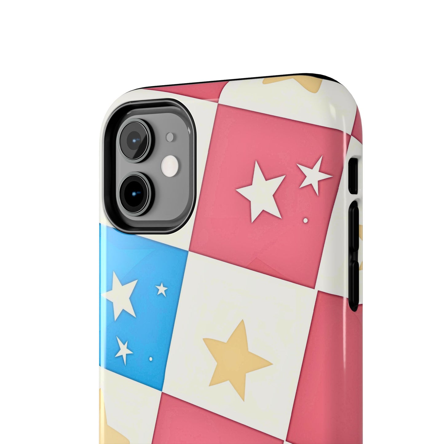 Preppy Checkered Pink & Blue Yellow Stars Tough Phone Case | Aesthetic