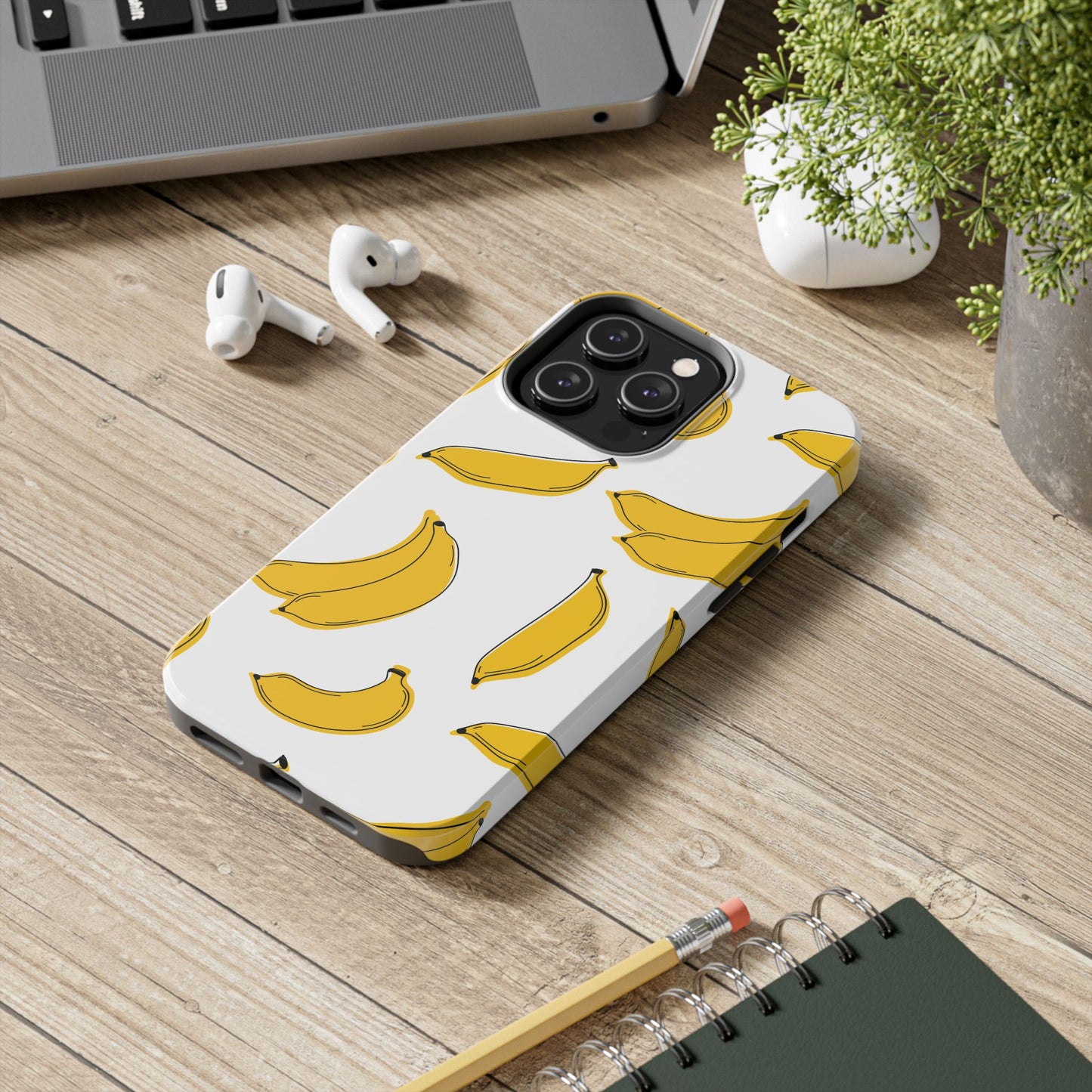 Bold Yellow Banana Pattern Minimal Line Art Tough Phone Case | Food