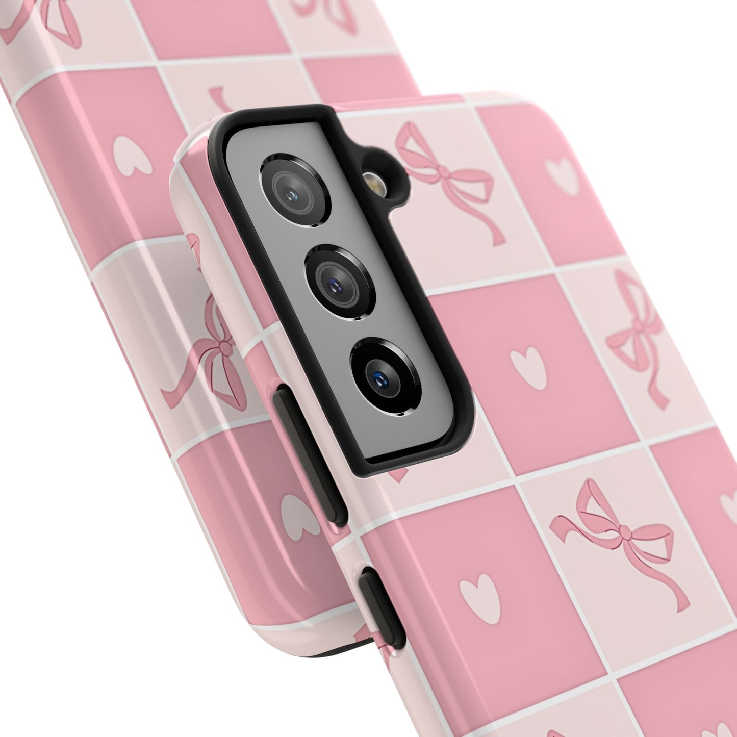 Girly Pink Bow and Heart Grid Pastel Tough Phone Case | Aesthetic